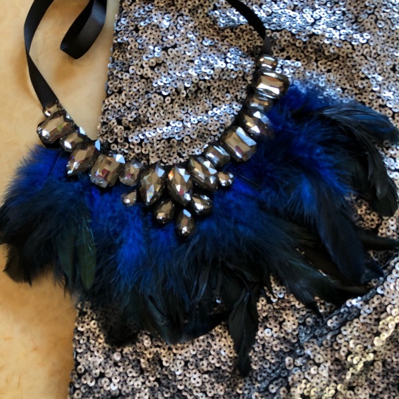 Jeweled Blue Feathers Statement Necklace - Picture 2 of 7